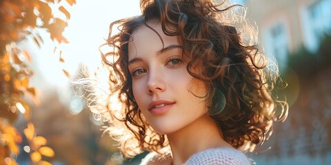 Wall Mural - A woman with curly hair is smiling at the camera. The photo is taken outdoors, with the sun shining brightly on her face. The woman's hair is styled in a way that accentuates her natural curls