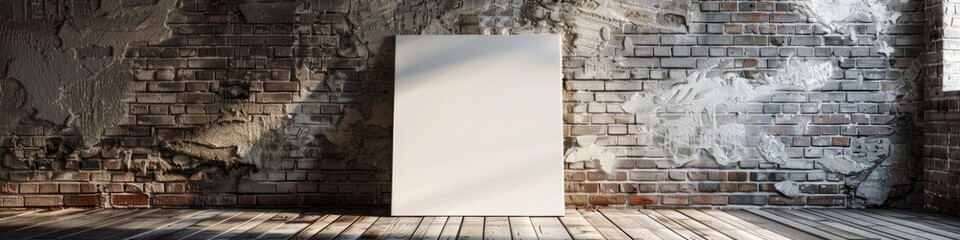 Canvas Print - White canvas frame propped against a textured brick wall with a wooden floor.