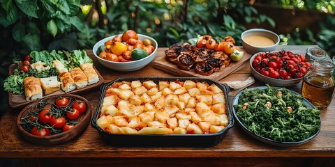 A table full of food, including a large tray of lasagna, a bowl of salad, and a bowl of fruit