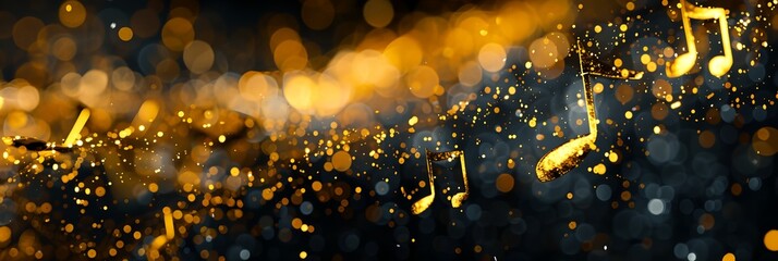 Poster - A gold and black background with musical notes scattered throughout. The notes are arranged in a way that creates a sense of movement and rhythm. Scene is energetic and lively