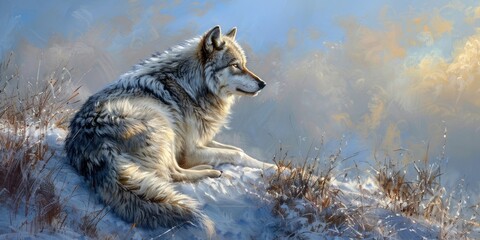 Wall Mural - Grey Wolf Watching from a Snowy Hilltop in Winter While in Enclosure