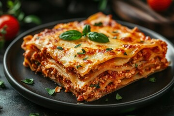 A Slice of Lasagna with Basil and Tomato Garnish