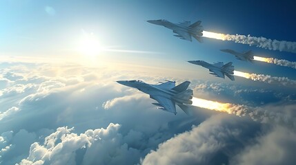 Jet Fighter Squadron In Flight