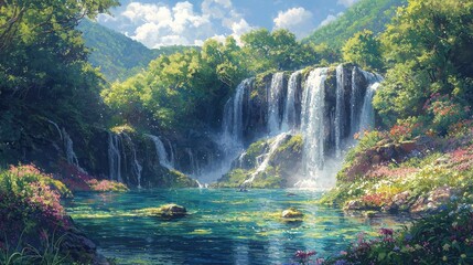 Sticker - Serene Waterfall and Tranquil Lake in Lush Forest