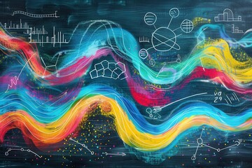 Leinwandbilder - A chalkboard decorated with colorful waves of chalk and intricate scientific diagrams and formulas enhances the learning environment. Generative AI
