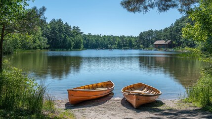 Two Orange Canoes on a Calm Lake Shore