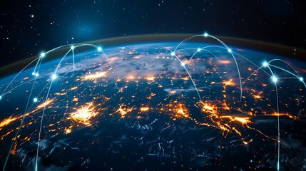 Poster - artistic representation of Earth from space, showing glowing lines connecting various points around the globe, signifying a global network connection.
