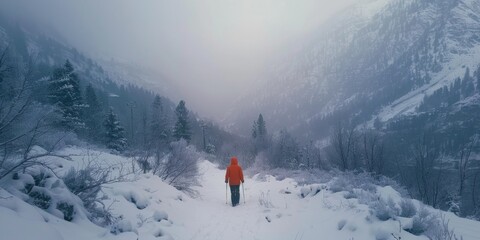 Poster - Snowstorm hiking in the winter mountains