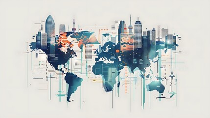 Poster - digital illustration of a world map with a futuristic city skyline on top. The image symbolizes the interconnectedness of the world and the impact of technology on globalization.