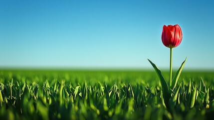 Poster - Single Red Tulip Flower Blooming in Field of Green Grass Against Blue Sky