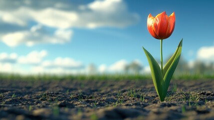 Canvas Print - Single Red Tulip Flower Growing in Field with Blue Sky