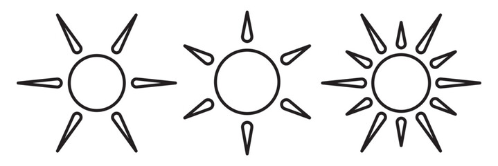 Sun icon set. Black suns star icons collection. Brightness icon.