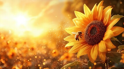 Canvas Print - Golden Sunflower with Bee in Sunset Field