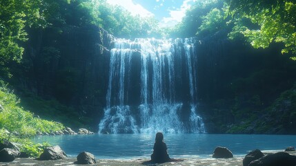 Sticker - Tranquil Waterfall Scene with a Woman Sitting in Meditation