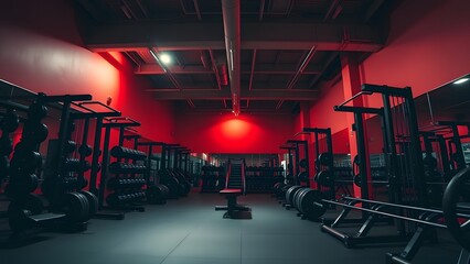 Wide-angle photo of an empty modern gym interior filled with weights, bars, and racks. Strong artificial red lighting illuminates the room, casting nighttime shadows.