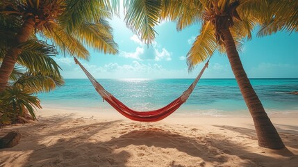 Wall Mural - Hammock Between Palm Trees on Tropical Beach