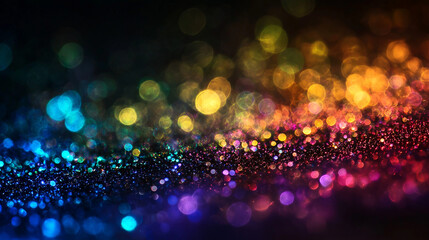 a blurry, multicolored light pattern with rainbow-like colors on a black background