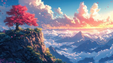 Wall Mural - Majestic Mountain Peak with Pink Tree at Sunset