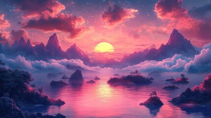 Sticker - Majestic Mountain Sunset with Pink Clouds and Starry Sky