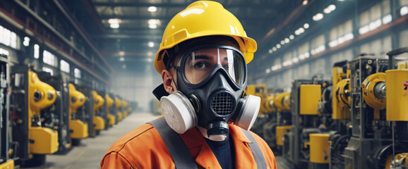 Wall Mural - professional a gas mask engineer factory in protective uniform operating machine, Engineering worker in safety hardhat at warehouse industrial facilities, Heavy Industry Manufacturing , An abstract di