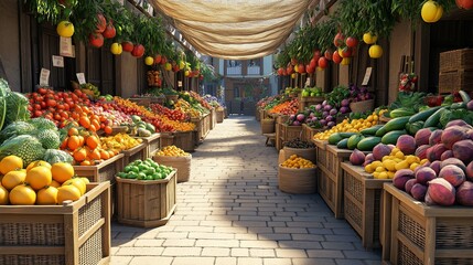 Organic vegetable market stalls full of fresh produce 3D illustration