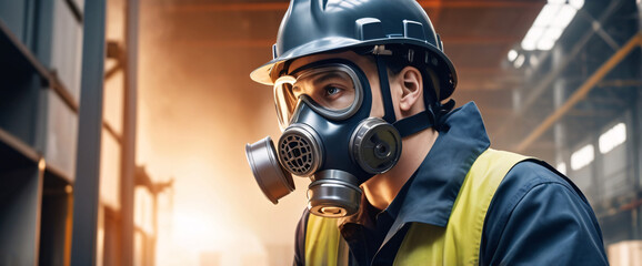 Wall Mural - professional a gas mask engineer factory in protective uniform operating machine, Engineering worker in safety hardhat at warehouse industrial facilities, Heavy Industry Manufacturing , An abstract di