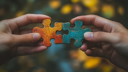 Wall Mural - two hands holding a puzzle piece together in front of a blurry background of leaves and flowers