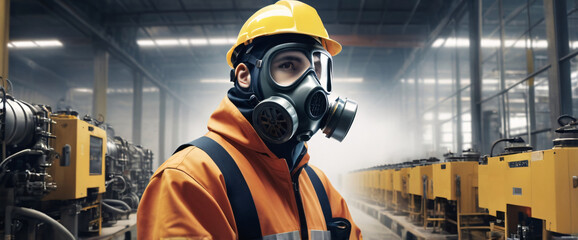 Wall Mural - professional a gas mask engineer factory in protective uniform operating machine, Engineering worker in safety hardhat at warehouse industrial facilities, Heavy Industry Manufacturing , An abstract di