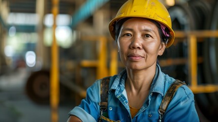 Wall Mural - a woman in a hard hat and overalls standing in a warehouse