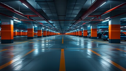 Canvas Print - a car parking garage with orange and black pillars