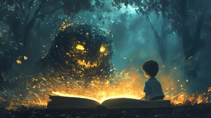 Wall Mural - a boy sitting on a book in the middle of a forest