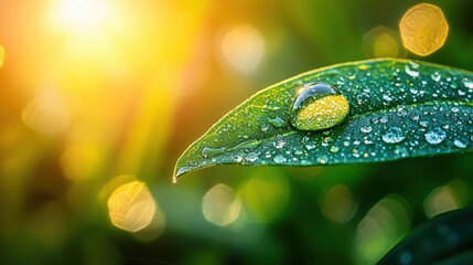 Wall Mural - Dewdrop on Green Leaf in Sunlight with Bokeh