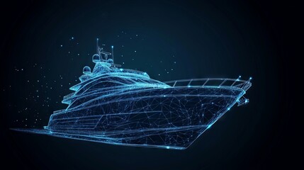 Abstract 3d illustration of yacht in dark blue. Yachting sport, sailing, business, travel concept. Digital vector mesh looks like starry sky. Low poly wireframe with lines, dots and glowing particles