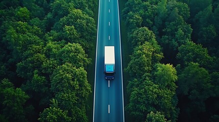 Fototapete - Aerial top view of car and truck driving on highway road in green forest Sustainable transport Drone view of hydrogen energy truck and electric vehicle driving on asphalt road through  : Generative AI
