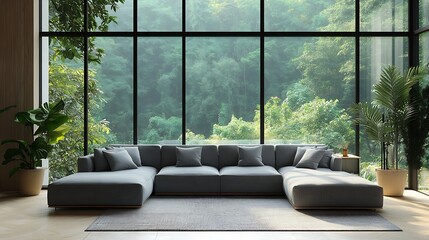 Wall Mural - Interior of light living room with cozy grey sofas near big window : Generative AI