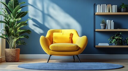 Fototapete - Interior of stylish living room with yellow armchair pouf and shelf unit : Generative AI