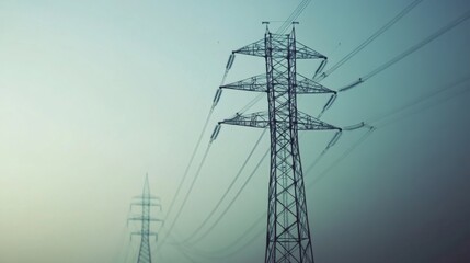 Fototapete - Detailed shot of an electricity transmission tower with power lines extending into the distance, highlighting the structural complexity and scale of the infrastructure.