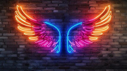 Wall Mural - Neon wings glowing on a brick wall.