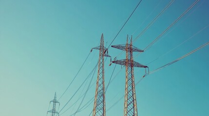 Aufkleber - Detailed shot of high-voltage power lines and electrical cables stretching across a clear blue sky, emphasizing the scale and infrastructure of the power grid.