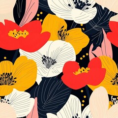 Wall Mural - Seamless pattern of bold, graphic floral blooms with geometric accents