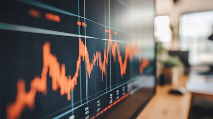 Fototapete - Detailed view of a financial graph showing a market forecast, with a focus on trend lines and predictive data in a modern office environment.