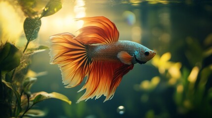 Wall Mural - Detailed view of a majestic Betta fish with a full display of its colorful fins and dynamic posture, set against a lush underwater plant backdrop.