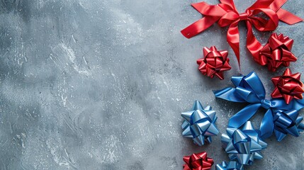 Wall Mural - Festive red and blue bows on grey backdrop with space for text top view