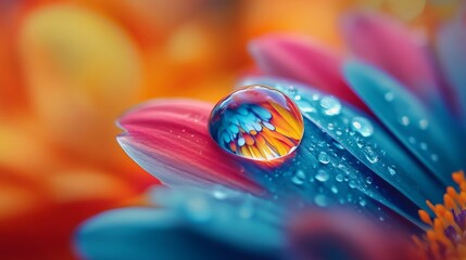 Poster - Detailed view of a single water droplet perched on a flower petal, reflecting the surrounding colors and textures for a stunning visual effect.