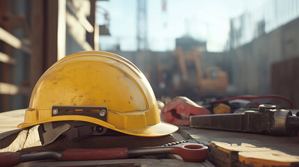 Industrial Tools and Yellow Helmet for Construction Workers on Labor Day