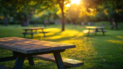 Aufkleber - Park Picnic table bench rest relax outdoors Benches and tables on green grass in recreational area : Generative AI