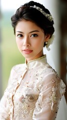 Traditional Malay wedding portrait with the bride in a beautifully embroidered gown