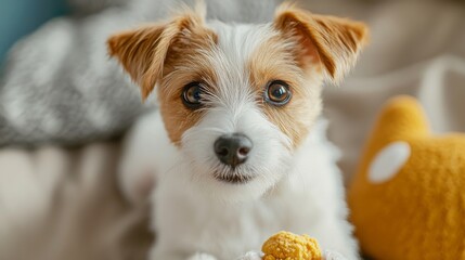 Aufkleber - Detailed view of a small, cute dog with a bright, curious gaze, captured in a moment of playfulness with a toy or treat.