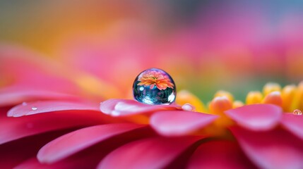 Poster - Detailed view of a single water droplet perched on a flower petal, reflecting the surrounding colors and textures for a stunning visual effect.