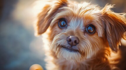 Aufkleber - Detailed view of a small, cute dog with a bright, curious gaze, captured in a moment of playfulness with a toy or treat.